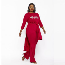 Plus Size Letter Print Split Long Top And Pants Sets NY-2313