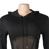 Black Mesh Hooded Long Sleeve Bodysuit+Pants 2 Piece Sets NY-2307