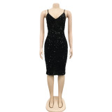 Sexy Sequin V Neck Spaghetti Strap Midi Club Dress BY-5611