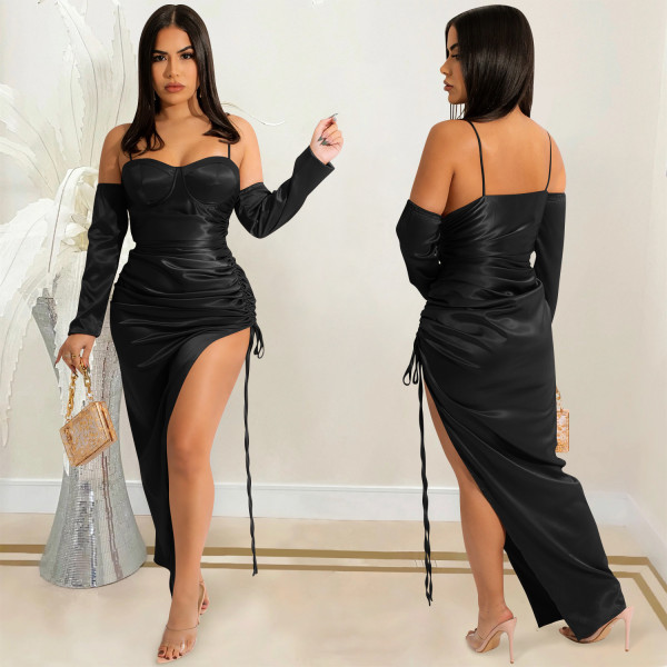 Sexy Solid Off Shoulder Drawstring Split Club Dress BY-5608