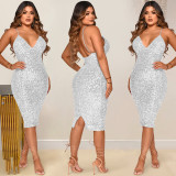 Sexy Sequin V Neck Spaghetti Strap Midi Club Dress BY-5611