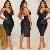 Sexy Sequin V Neck Spaghetti Strap Midi Club Dress BY-5611