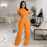 Solid Short Sleeve Wide Leg Pants Two Piece Sets FOSF-8117