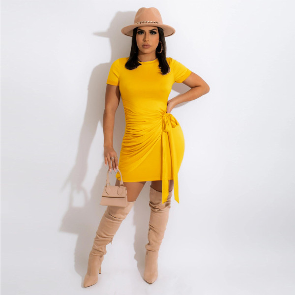 Solid Short Sleeve Ruched Casual Mini Dress SFY-2159