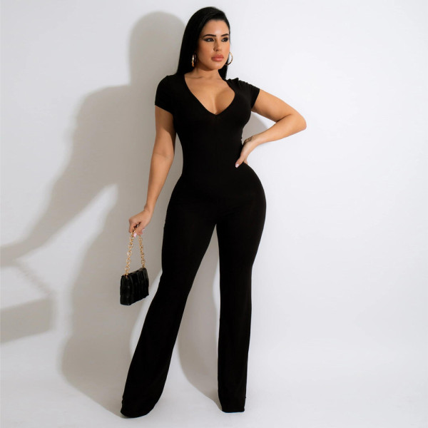 Solid Short Sleeve Flared Jumpsuit SFY-2160