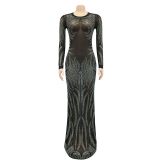 Sexy Hot Drilling Mesh See Through Long Club Dress BY-5606