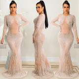 Sexy Hot Drilling Mesh See Through Long Club Dress BY-5606