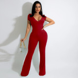 Solid Short Sleeve Flared Jumpsuit SFY-2160