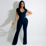 Solid Short Sleeve Flared Jumpsuit SFY-2160