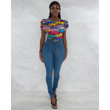 Sexy Printed Puff Sleeve O Neck Bodysuit ASL-6558