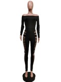 Solid Slash Neck Long Sleeve Hole Jumpsuit MEM-88416