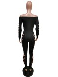 Solid Slash Neck Long Sleeve Hole Jumpsuit MEM-88416