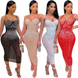 Plus Size Hot Drilling Spaghetti Strap Club Dress NY-2072