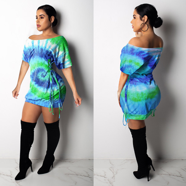Tie Dye Print Short Sleeve Lace-Up Mini Dress NY-8889