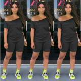 Plus Size Solid Slash Neck Two Piece Shorts Set NY-8909