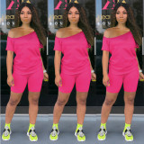 Plus Size Solid Slash Neck Two Piece Shorts Set NY-8909