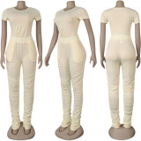 Solid Short Sleeve T Shirt Stacked Pants 2 Piece Sets NY-8895