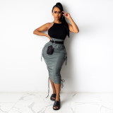Solid High Waist Drawstring Midi Skirt HNIF-075