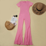 Solid Short Sleeve O Neck Flared Jumpsuit NY-2014