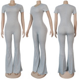 Solid Short Sleeve O Neck Flared Jumpsuit NY-2014