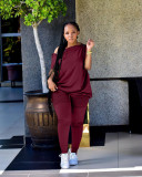 Plus Size Solid Slash Neck Two Piece Pants Set TK-6219