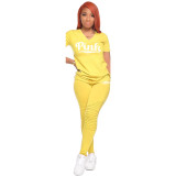 Pink Letter Print V Neck T Shirt And Pants 2 Piece Sets GCNF-0158