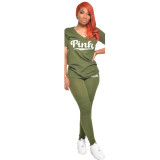 Pink Letter Print V Neck T Shirt And Pants 2 Piece Sets GCNF-0158