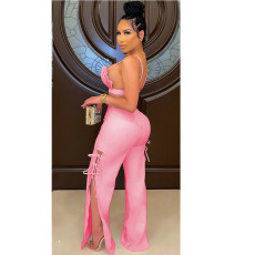 Solid Sexy Pleated Top+Split Pants 2 Piece Sets GCNF-0150