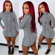 Geometric Print Long Sleeve Slim Mini Dress LUO-3213