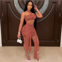 Sexy Tube Top Tie Up See-Through Mesh Mini Skirt Suit GDYF-6997