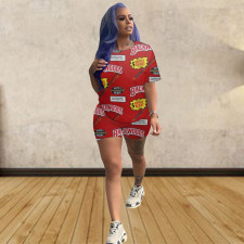 Plus Size Letter Print Two Piece Shorts Set GCNF-0015