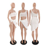 Solid Color Single Shoulder Tank Top And Skirt Two Piece Sets GDYF-6957