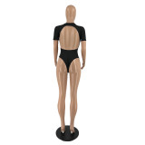 Solid Backless Short Sleeve One-Piece Swimsuit IV-8279