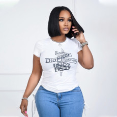 Letter Print O Neck Short Sleeve T Shirt HNIF-059X
