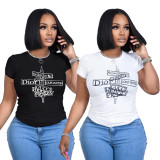 Letter Print O Neck Short Sleeve T Shirt HNIF-059X