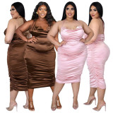 Plus Size Sexy Halter Ruched Club Midi Dress ASL-7073