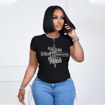 Letter Print O Neck Short Sleeve T Shirt HNIF-059X