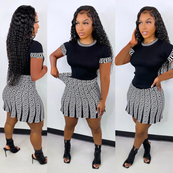 Casual Printed T Shirt Mini Skirt Two Piece Sets NY-2342