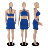 Solid Halter Crop Top Mini Skirt 2 Piece Sets YIBF-60137
