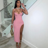 Solid Spaghetti Strap High Split Maxi Dress YIBF-60134