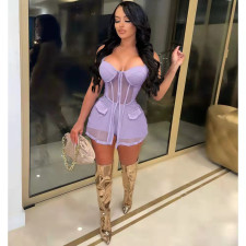 Sexy Mesh Patchwork Sleeveless 2 Piece Shorts Set YMEF-5060
