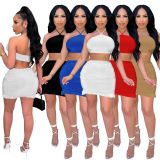 Solid Halter Crop Top Mini Skirt 2 Piece Sets YIBF-60137