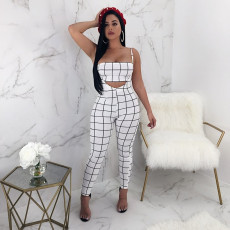 Plaid Tube Top+Strap Jumpsuit 2 Piece Sets BN-9065