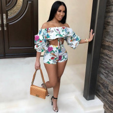 Floral Print Pile Sleeve 2 Piece Shorts Sets BN-9071