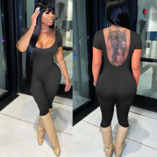 Solid Short Sleeve Backless Jumpsuit FOSF-8209