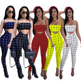 Plaid Tube Top+Strap Jumpsuit 2 Piece Sets BN-9065