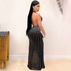 Plus Size Hot Drilling Deep V Neck Halter Maxi Club Dress NY-8983