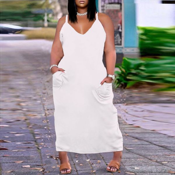 Plus Size Solid V Neck Pockets Loose Sling  Dress NY-2372