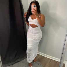 Solid Sexy Ruched Halter Backless Split Dress GLF-10087