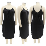 Plus Size Solid Sleeveless Pockets Split Midi Dress HNIF-013